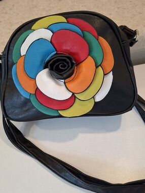 LITTLE BLACK CROSSBODY PURSE WITH BIG COLORFUL FLOWER